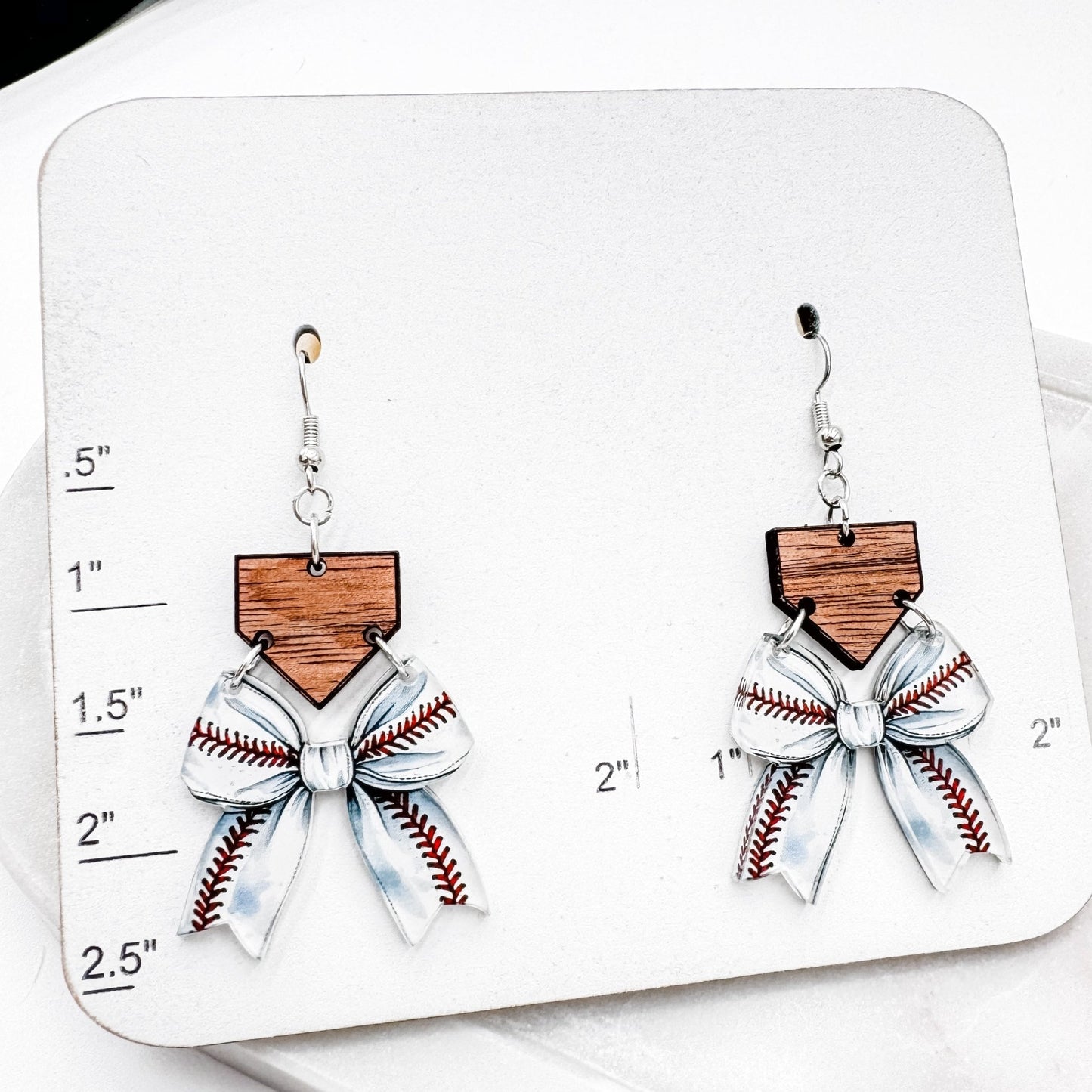 Baseball Bow Earrings – Handmade Game Day Earrings with Home Plate Charm (White or Wood)(Personalized Option!) - Embellish My Heart