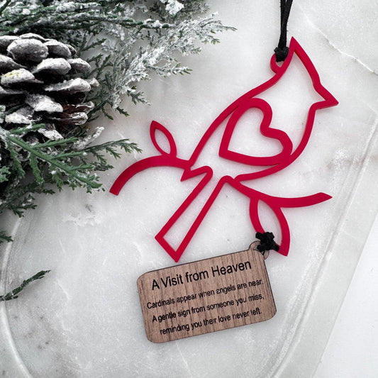 Cardinal Memorial Ornament – “A Visit from Heaven” Acrylic Ornament with Engraved Wooden Tag | Remembrance Christmas Keepsake Gift - Embellish My Heart