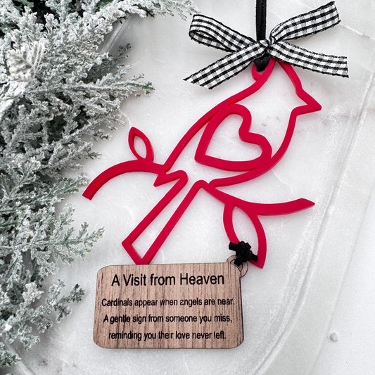 Cardinal Memorial Ornament – “A Visit from Heaven” Acrylic Ornament with Engraved Wooden Tag | Remembrance Christmas Keepsake Gift - Embellish My Heart