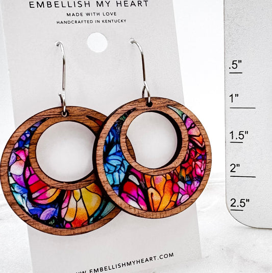 Colorful Stained Glass Dangle Earrings – Lightweight Wood + Acrylic Statement Jewelry in Hoop or Circle Drop Style - Embellish My Heart