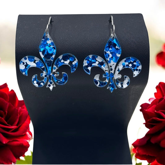 Fleur De Lis Dangle Earrings –Blue & White Sequin Pattern - Embellish My Heart