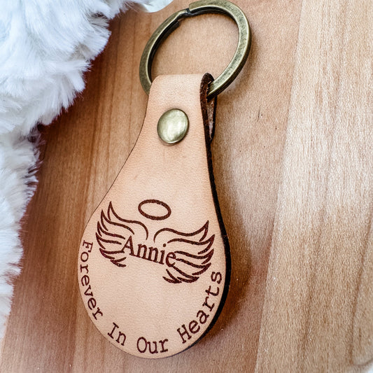 Forever In Our Hearts Keychain – Personalized Memorial Keychain with Angel Wings (Genuine Leather) - Embellish My Heart