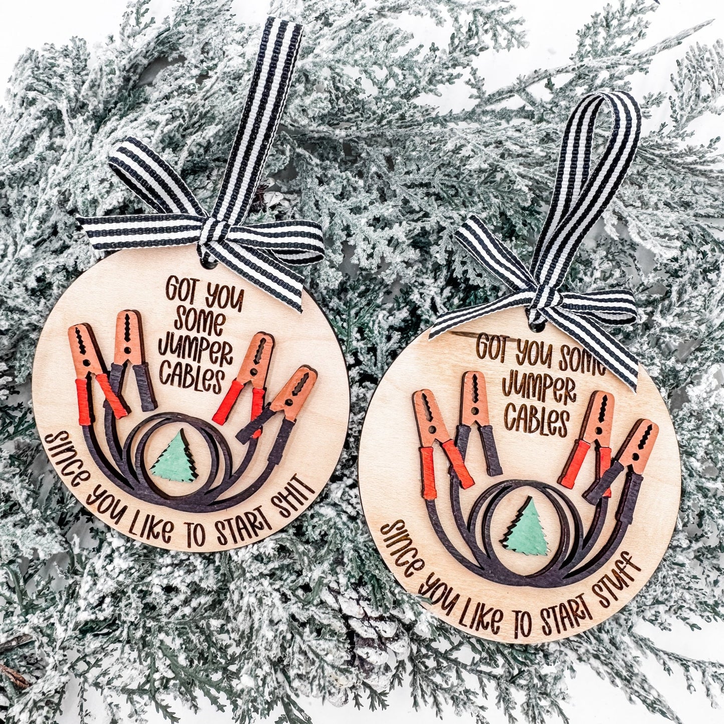 Funny Jumper Cable Christmas Ornament – “Since You Like to Start Sh*t / Start Stuff” – Handmade Holiday Gift for Friends, Siblings, or Coworkers - Embellish My Heart