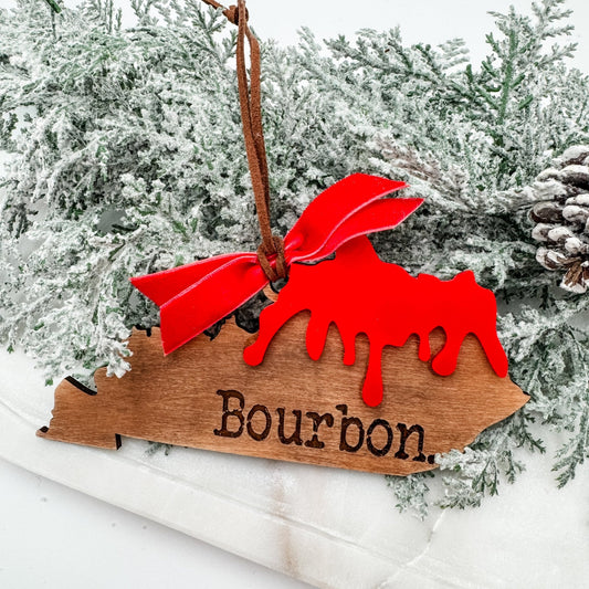 Kentucky Bourbon Ornament – Red Wax Drip State Shape – Rustic Holiday Gift for Bourbon Lovers - Embellish My Heart