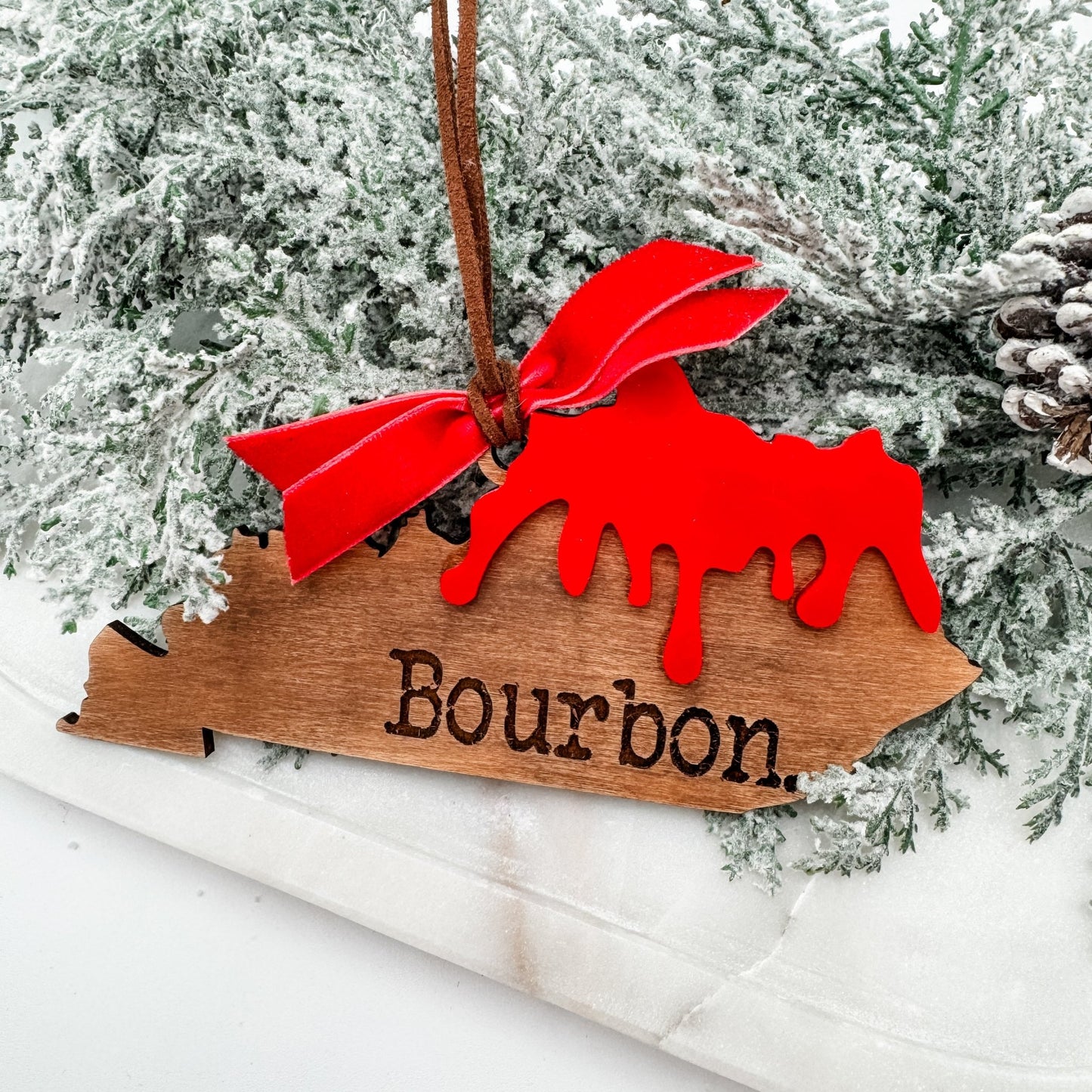 Kentucky Bourbon Ornament – Red Wax Drip State Shape – Rustic Holiday Gift for Bourbon Lovers - Embellish My Heart