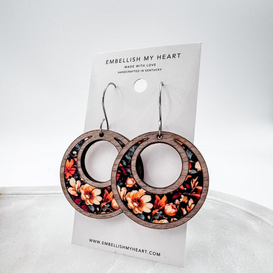 Moody Fall Floral Hoop Earrings – Wooden Crescent Earrings with Rich Black Background - Embellish My Heart