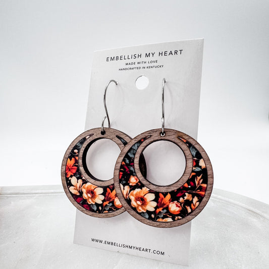 Moody Fall Floral Hoop Earrings – Wooden Crescent Earrings with Rich Black Background - Embellish My Heart