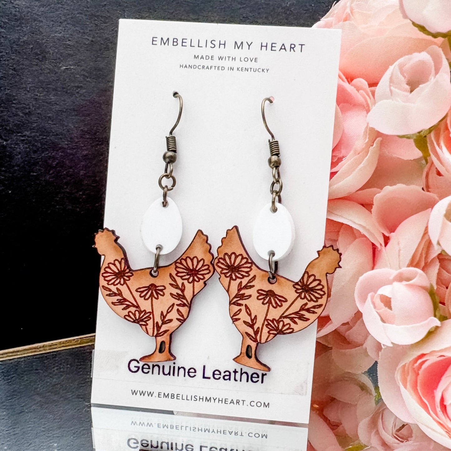 The Daisy Hen β Genuine Leather Chicken Earrings with Floral Design & Egg Topper - Embellish My Heart