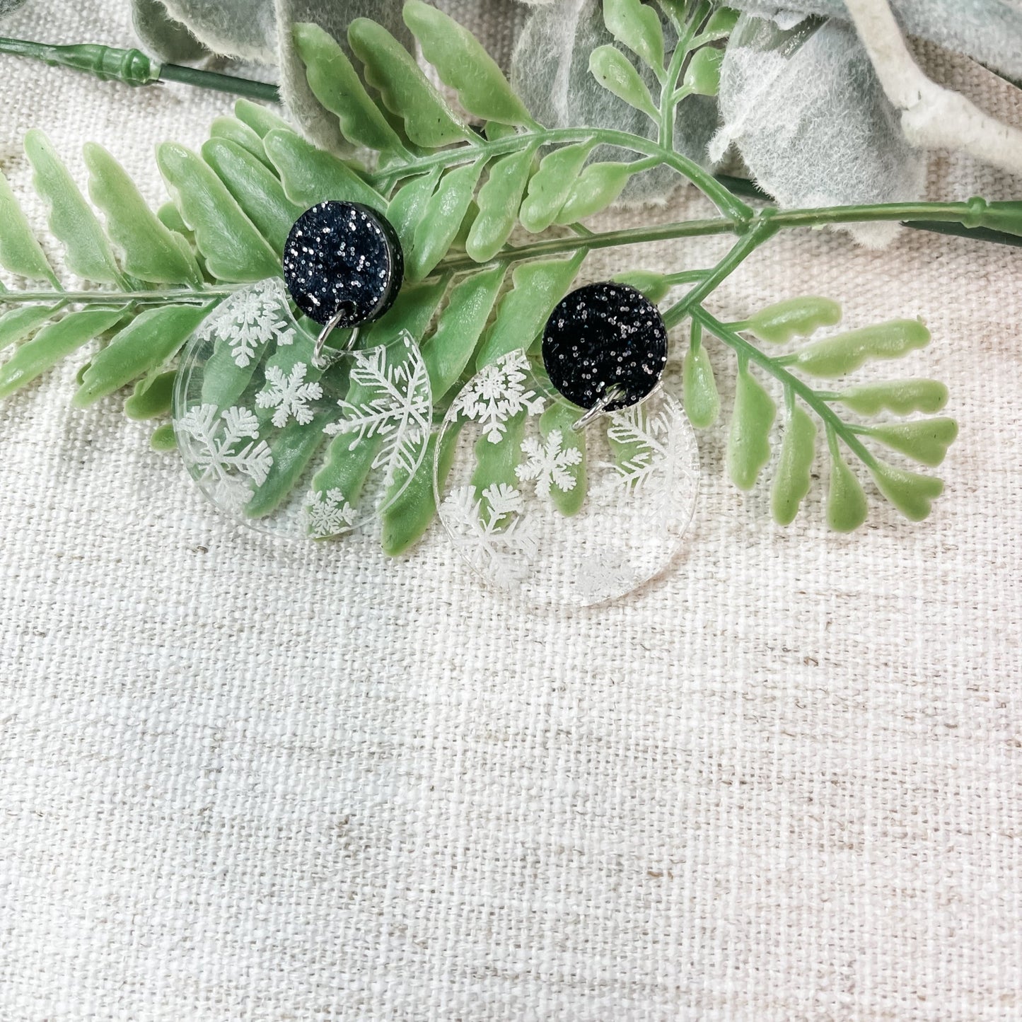 Snowflake Black Glitter Acrylic Post Dangle Earrings - Embellish My Heart