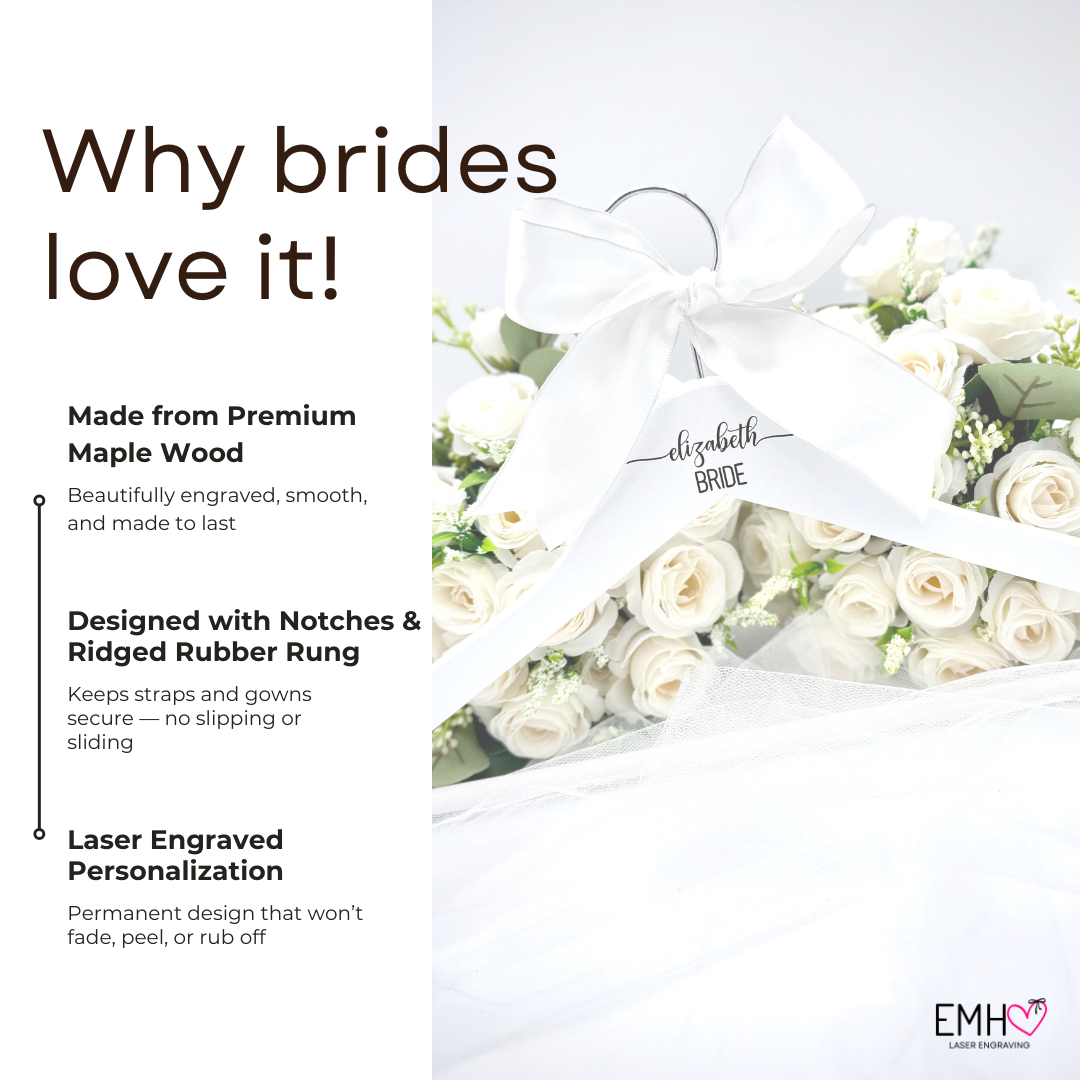 Engraved Wood Wedding Hanger | Personalized Bride & Bridesmaid Hangers | Custom Name Hanger for Wedding Dress Photos | Bridal Party Gift Keepsake