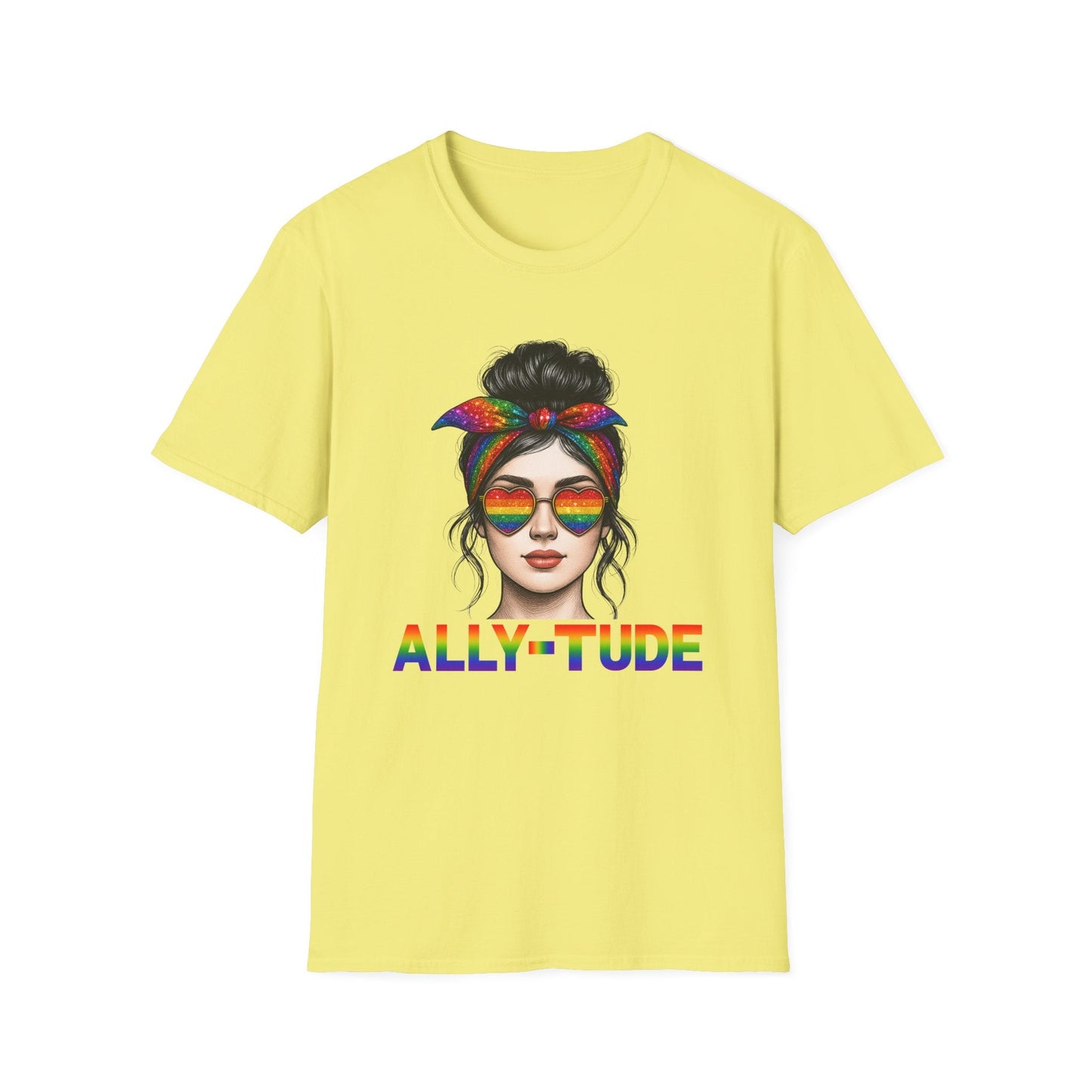ALLY - TUDE Pride Shirt – Rainbow Heart Glasses Ally Tee, LGBTQ Support Shirt, Women’s Pride Month Apparel, Colorful Inclusive Graphic Tee - Embellish My Heart