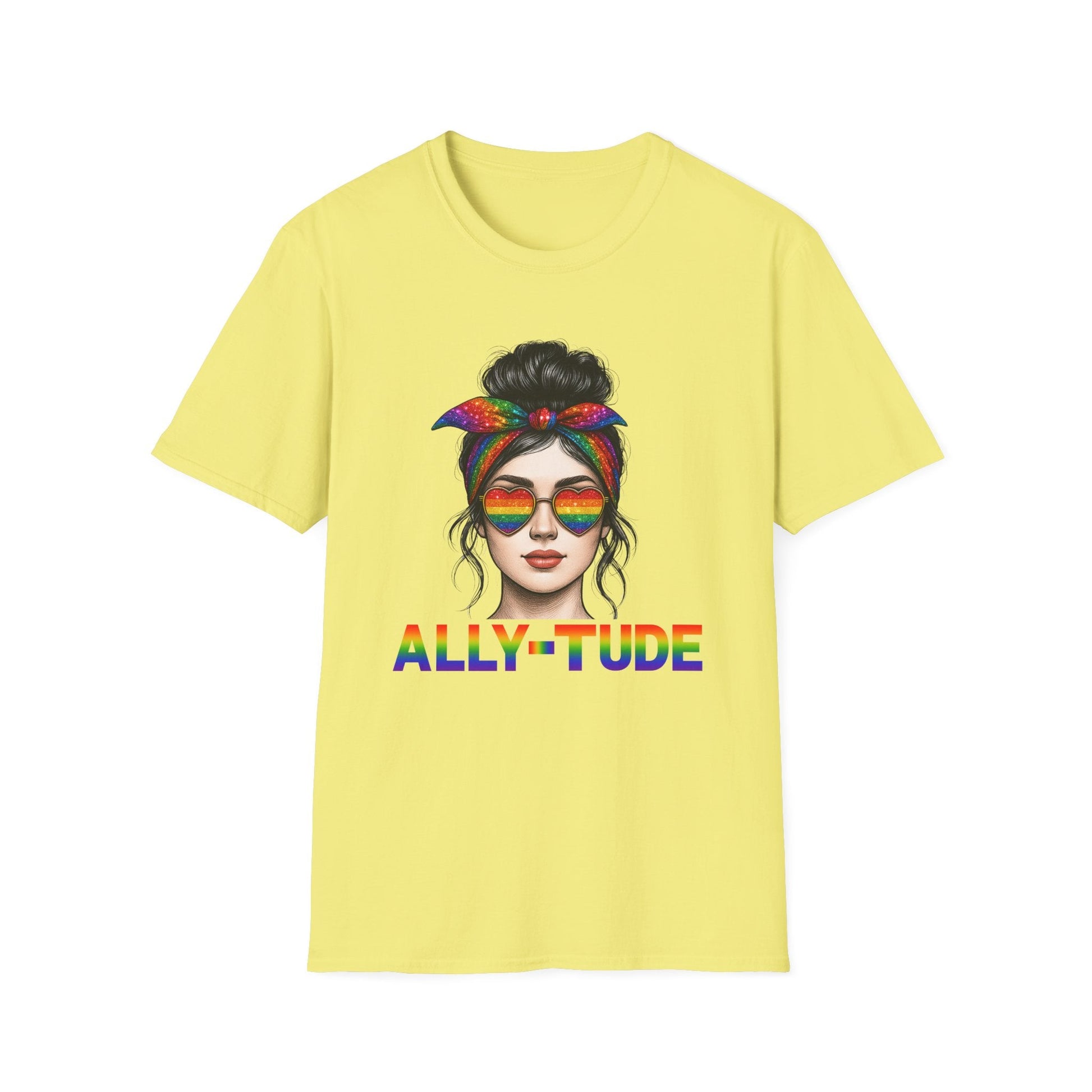 ALLY - TUDE Pride Shirt – Rainbow Heart Glasses Ally Tee, LGBTQ Support Shirt, Women’s Pride Month Apparel, Colorful Inclusive Graphic Tee - Embellish My Heart