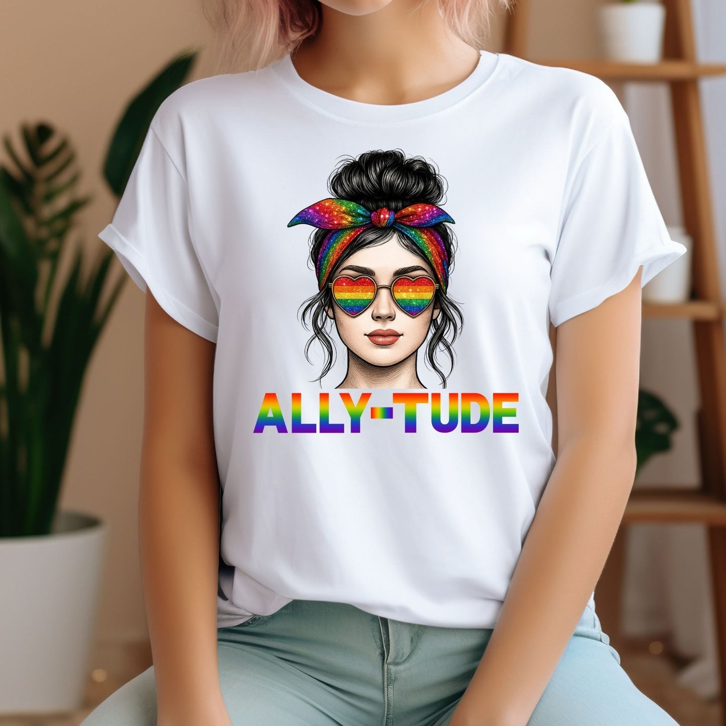 ALLY - TUDE Pride Shirt – Rainbow Heart Glasses Ally Tee, LGBTQ Support Shirt, Women’s Pride Month Apparel, Colorful Inclusive Graphic Tee - Embellish My Heart