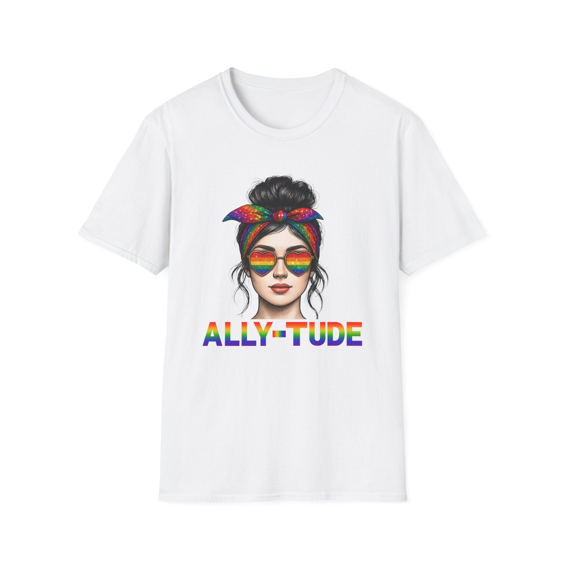 ALLY - TUDE Pride Shirt – Rainbow Heart Glasses Ally Tee, LGBTQ Support Shirt, Women’s Pride Month Apparel, Colorful Inclusive Graphic Tee - Embellish My Heart