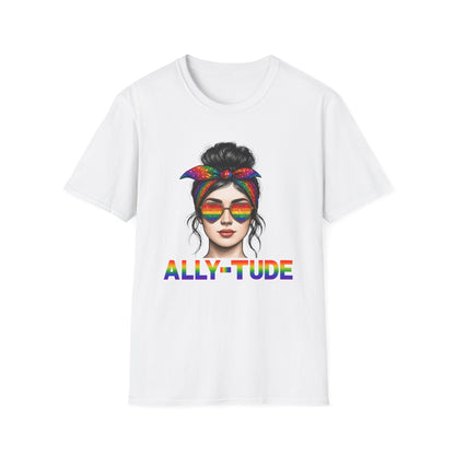ALLY - TUDE Pride Shirt – Rainbow Heart Glasses Ally Tee, LGBTQ Support Shirt, Women’s Pride Month Apparel, Colorful Inclusive Graphic Tee - Embellish My Heart