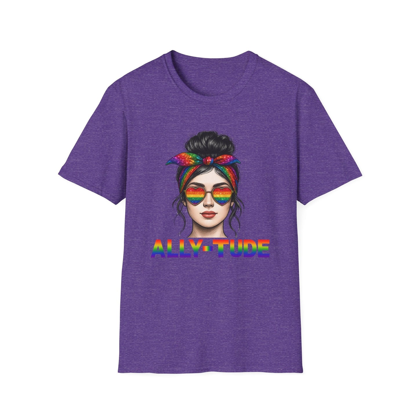 ALLY - TUDE Pride Shirt – Rainbow Heart Glasses Ally Tee, LGBTQ Support Shirt, Women’s Pride Month Apparel, Colorful Inclusive Graphic Tee - Embellish My Heart