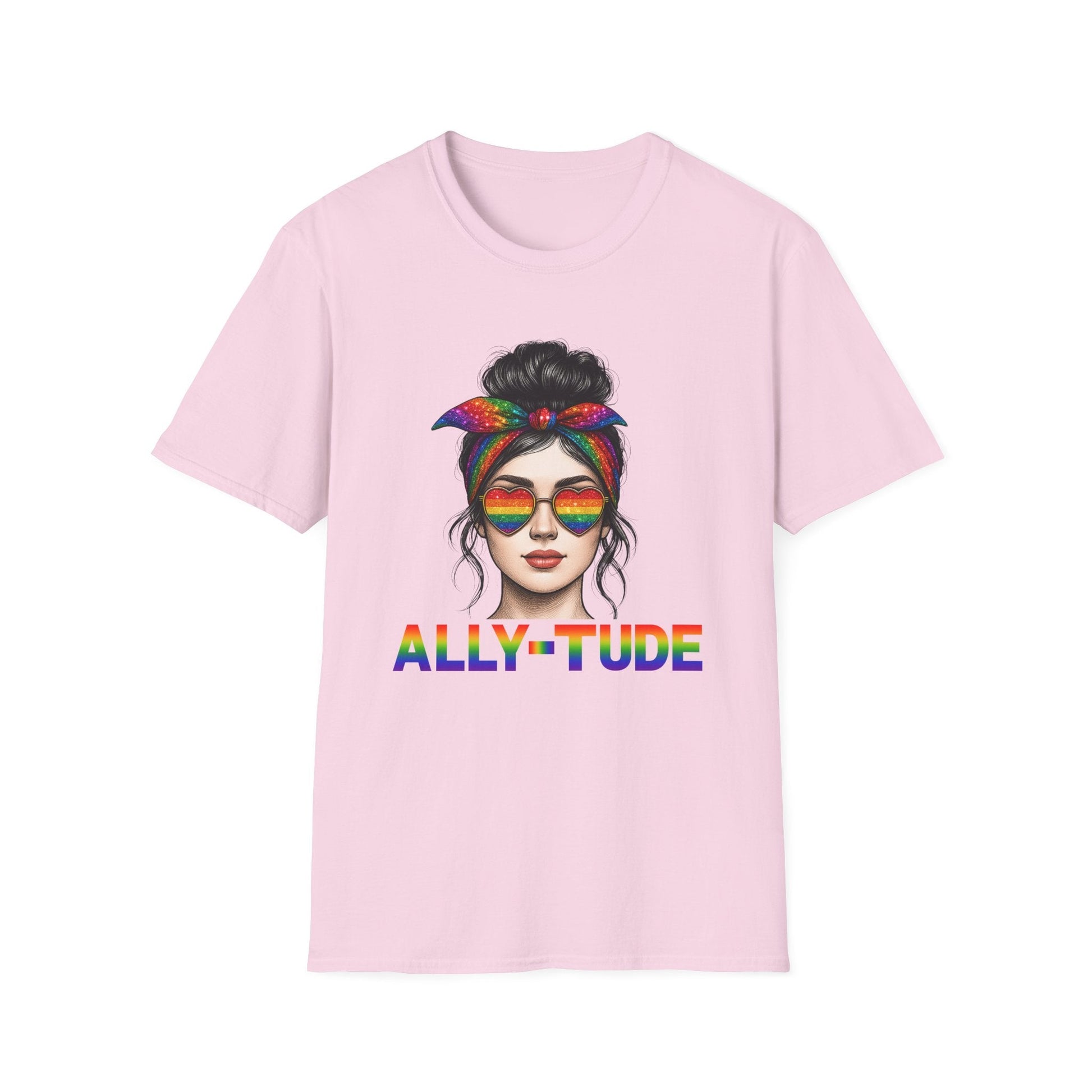 ALLY - TUDE Pride Shirt – Rainbow Heart Glasses Ally Tee, LGBTQ Support Shirt, Women’s Pride Month Apparel, Colorful Inclusive Graphic Tee - Embellish My Heart