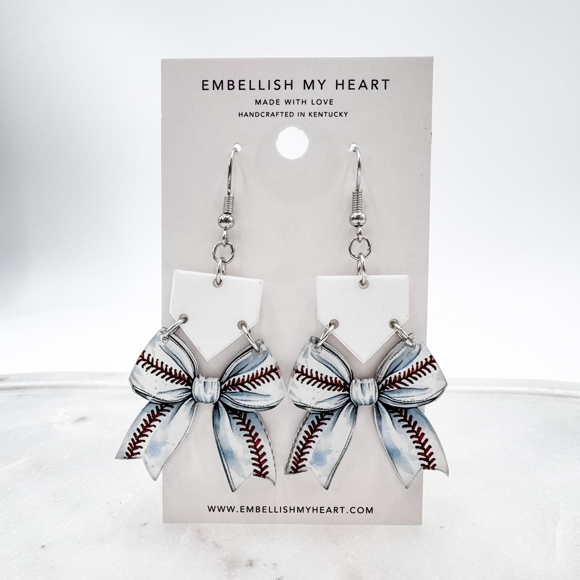 Baseball Bow Earrings – Handmade Game Day Earrings with Home Plate Charm (White or Wood)(Personalized Option!) - Embellish My Heart
