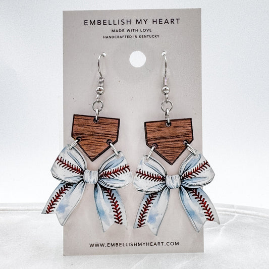 Baseball Bow Earrings – Handmade Game Day Earrings with Home Plate Charm (White or Wood)(Personalized Option!) - Embellish My Heart