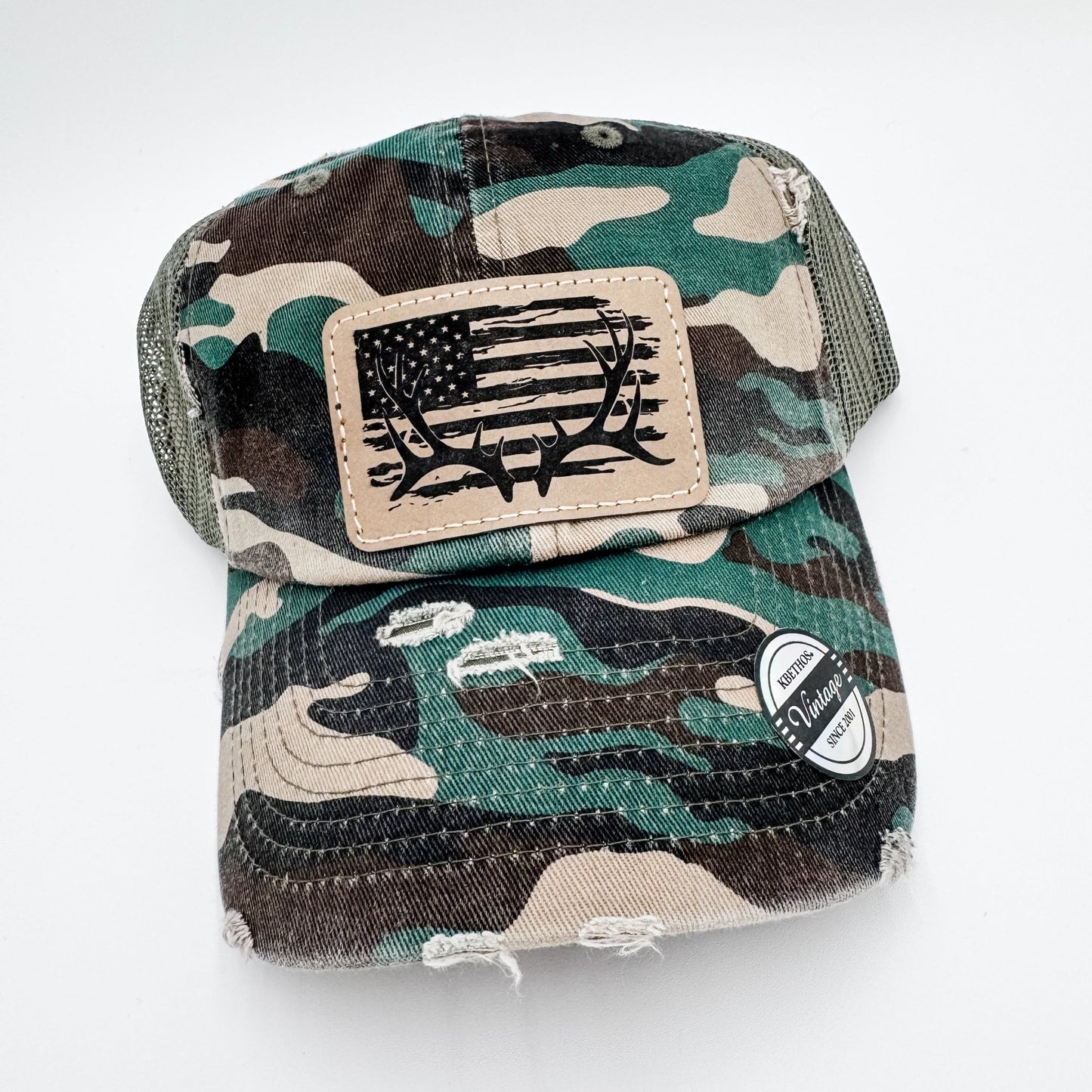 Camo Hunting Baseball Cap Hat American Flag Deer Antlers - Embellish My Heart