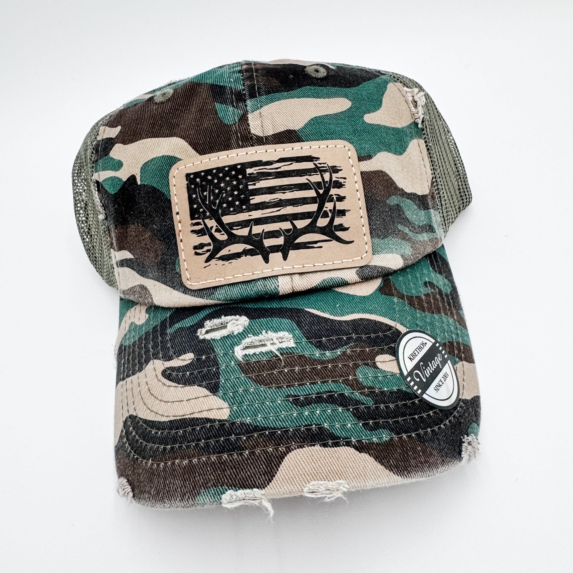 Camo Hunting Baseball Cap Hat American Flag Deer Antlers - Embellish My Heart