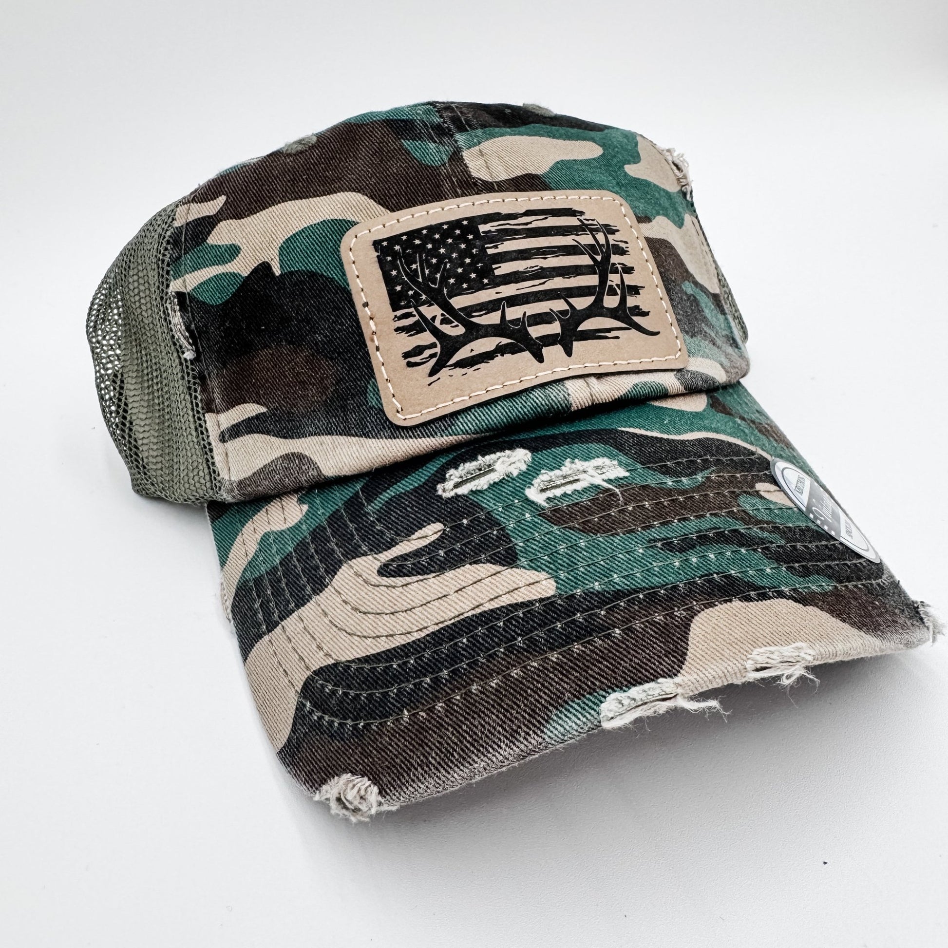 Camo Hunting Baseball Cap Hat American Flag Deer Antlers - Embellish My Heart