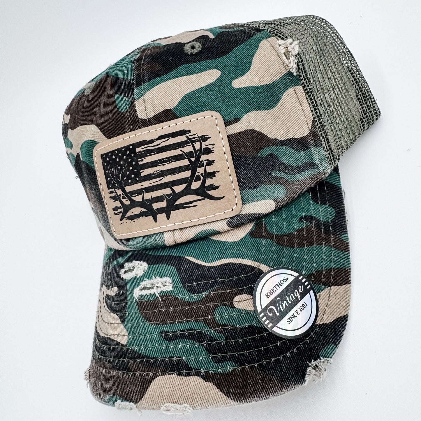 Camo Hunting Baseball Cap Hat American Flag Deer Antlers - Embellish My Heart