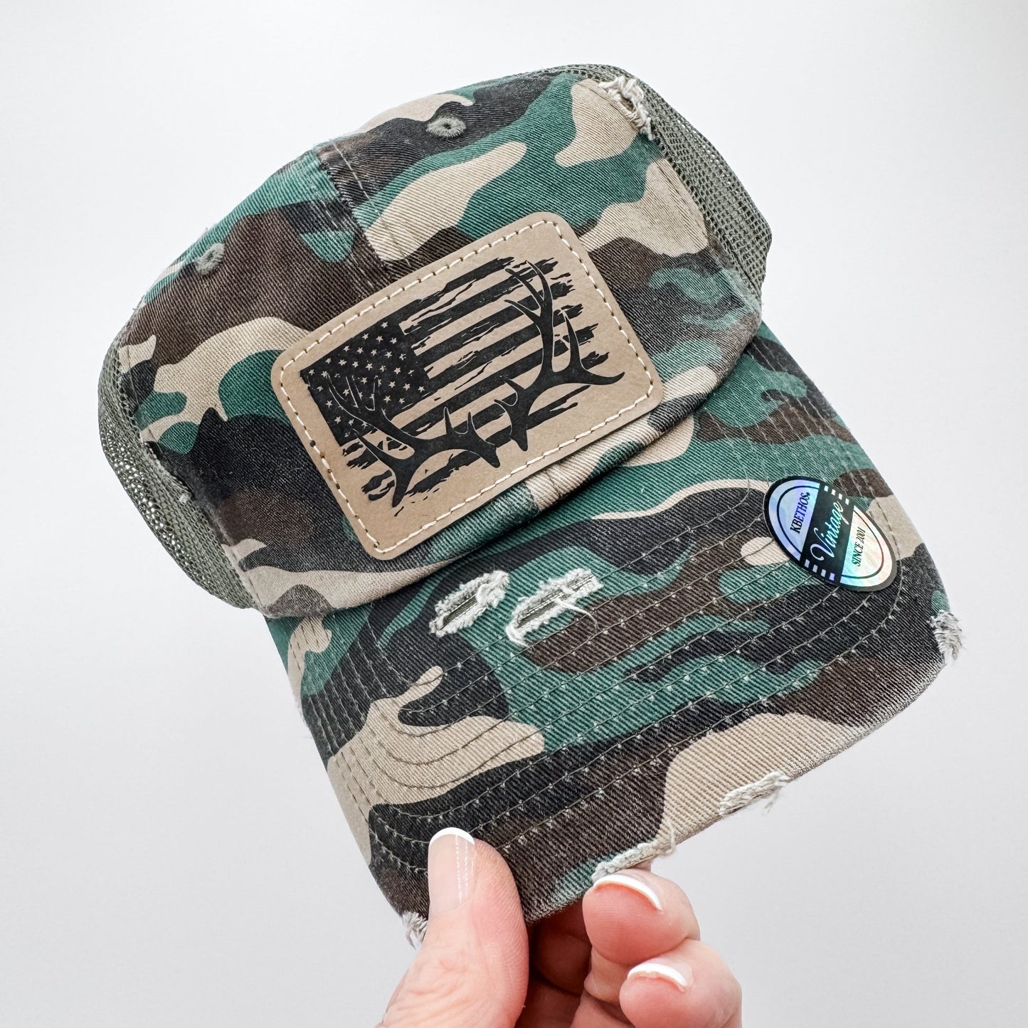Camo Hunting Baseball Cap Hat American Flag Deer Antlers - Embellish My Heart