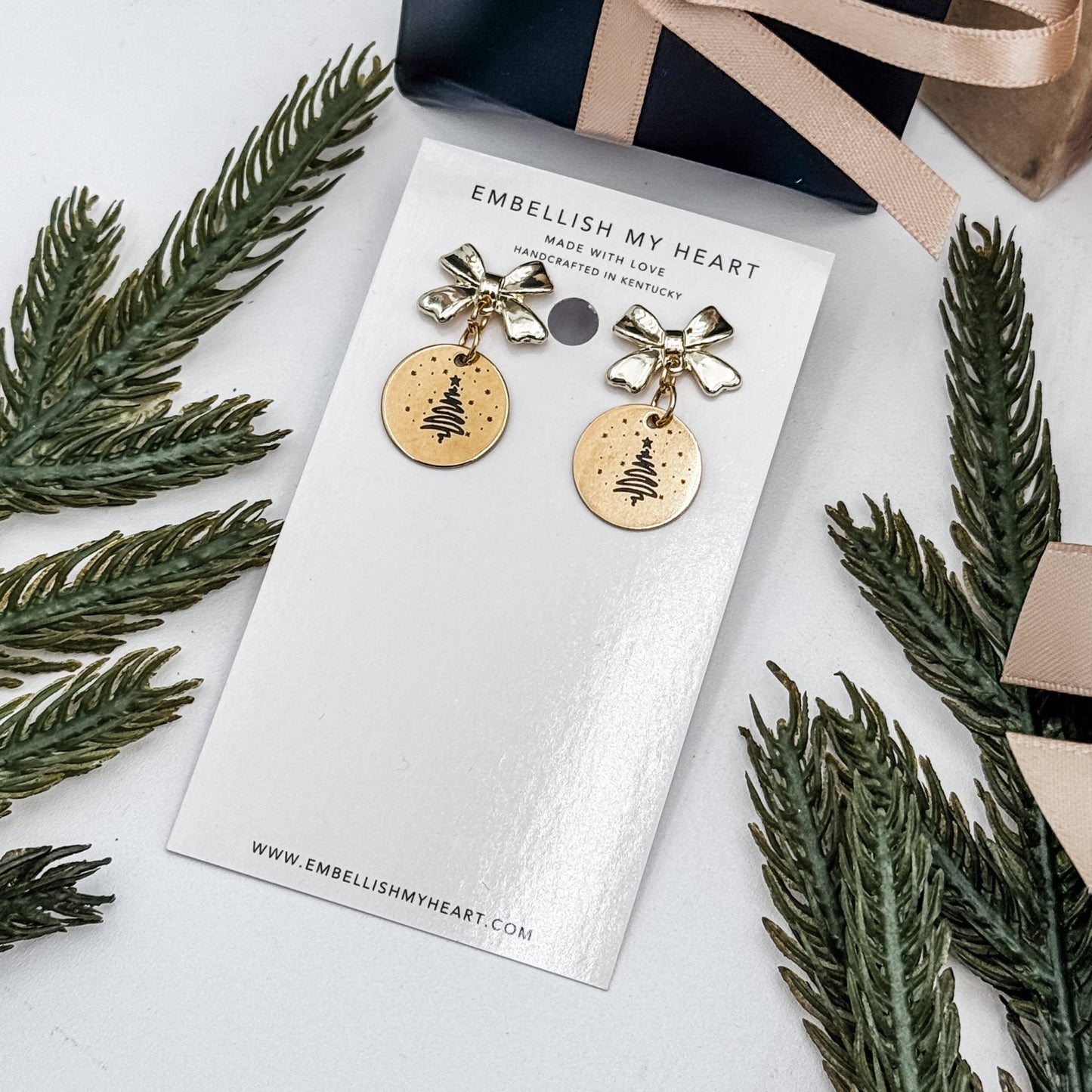 Christmas Tree Earrings | Gold Bow Studs | Holiday Earrings for Women | Cute Christmas Jewelry Gift - Embellish My Heart