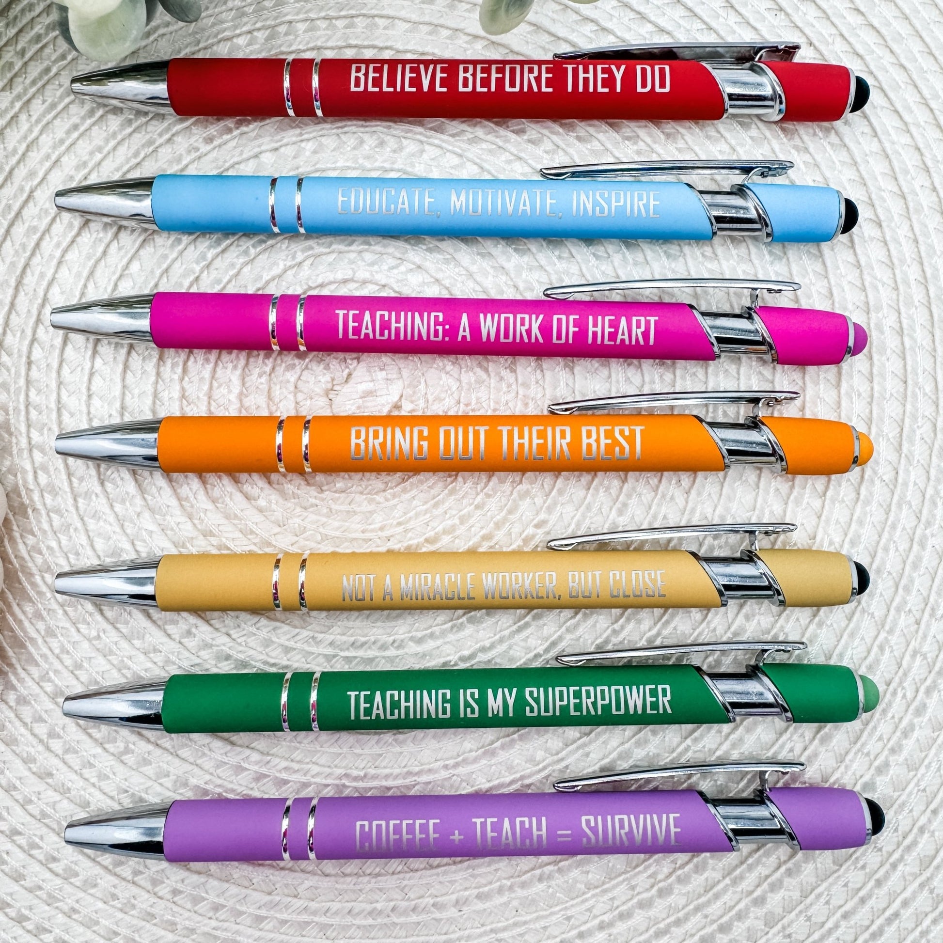 Classroom Essentials | Engraved Teacher Stylus Pen Set – Set of 7 Inspirational Pens for Educators - Embellish My Heart