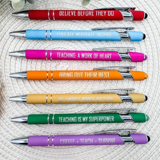 Classroom Essentials | Engraved Teacher Stylus Pen Set – Set of 7 Inspirational Pens for Educators - Embellish My Heart