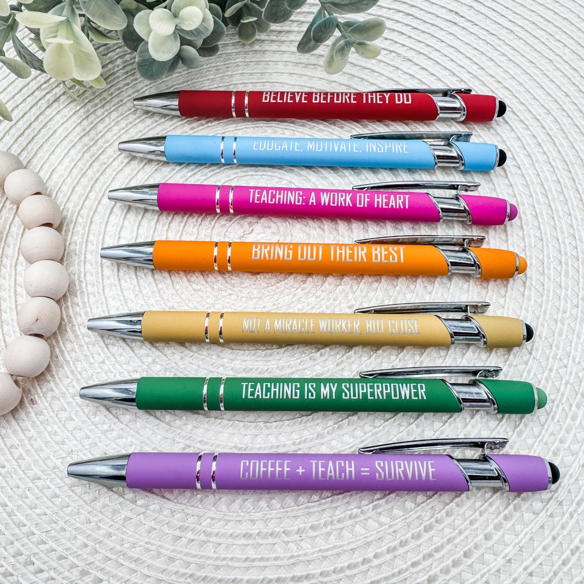 Classroom Essentials | Engraved Teacher Stylus Pen Set – Set of 7 Inspirational Pens for Educators - Embellish My Heart