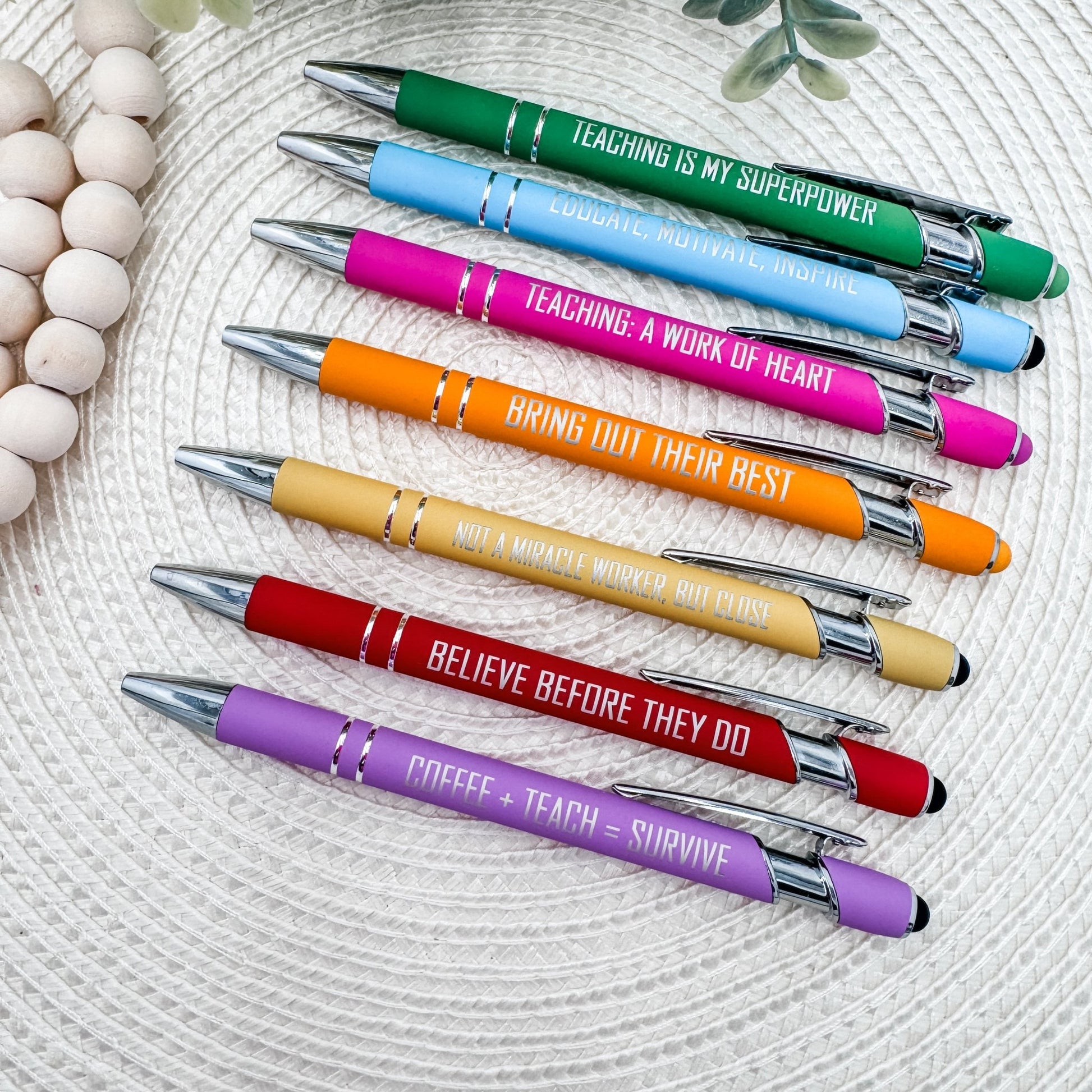 Classroom Essentials | Engraved Teacher Stylus Pen Set – Set of 7 Inspirational Pens for Educators - Embellish My Heart