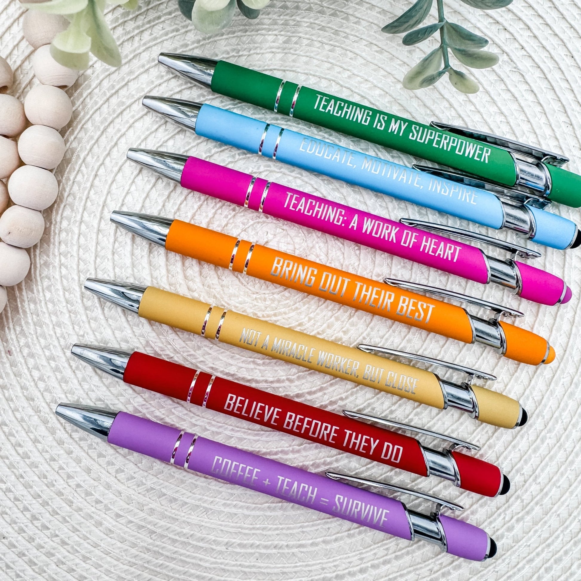 Classroom Essentials | Engraved Teacher Stylus Pen Set – Set of 7 Inspirational Pens for Educators - Embellish My Heart