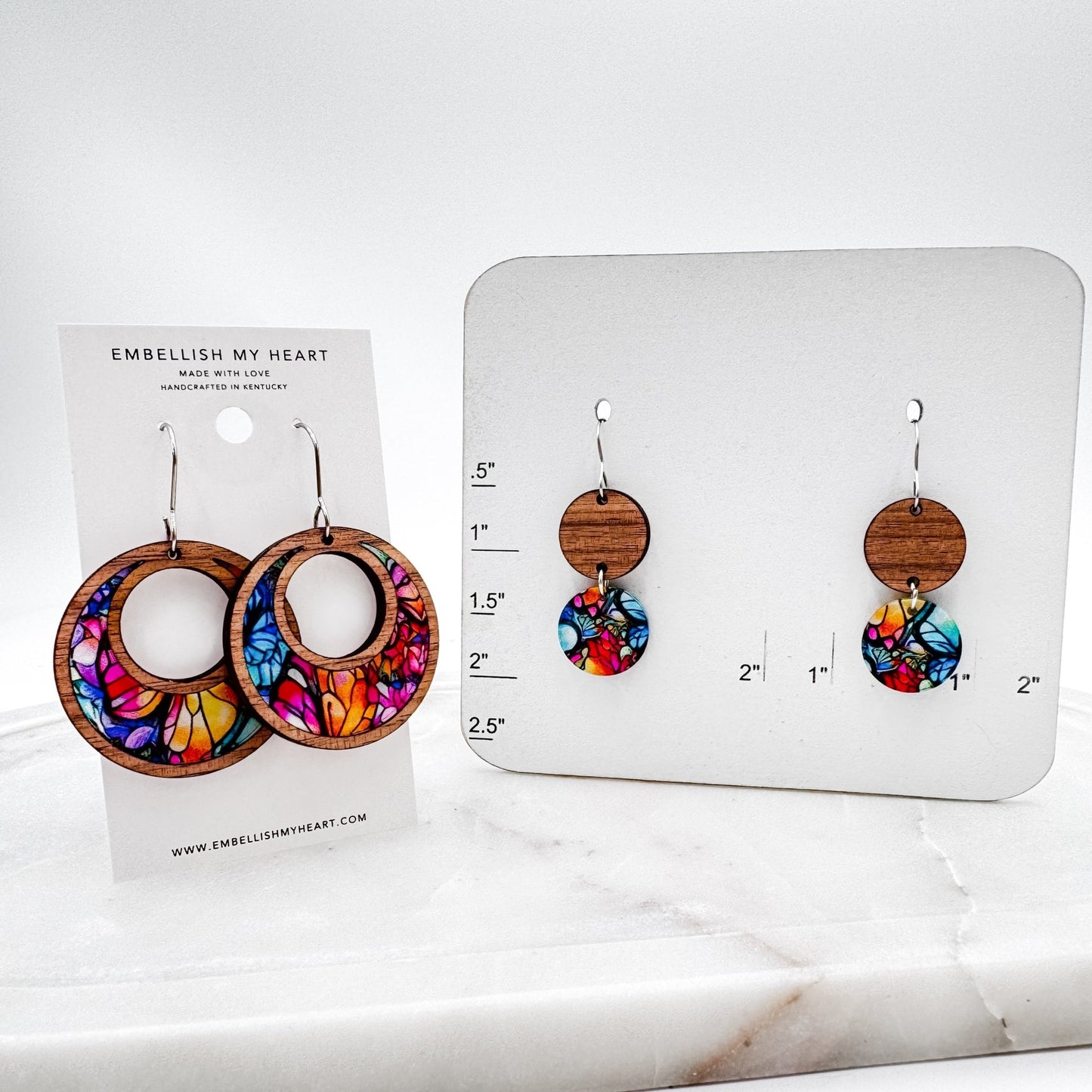 Colorful Stained Glass Dangle Earrings – Lightweight Wood + Acrylic Statement Jewelry in Hoop or Circle Drop Style - Embellish My Heart