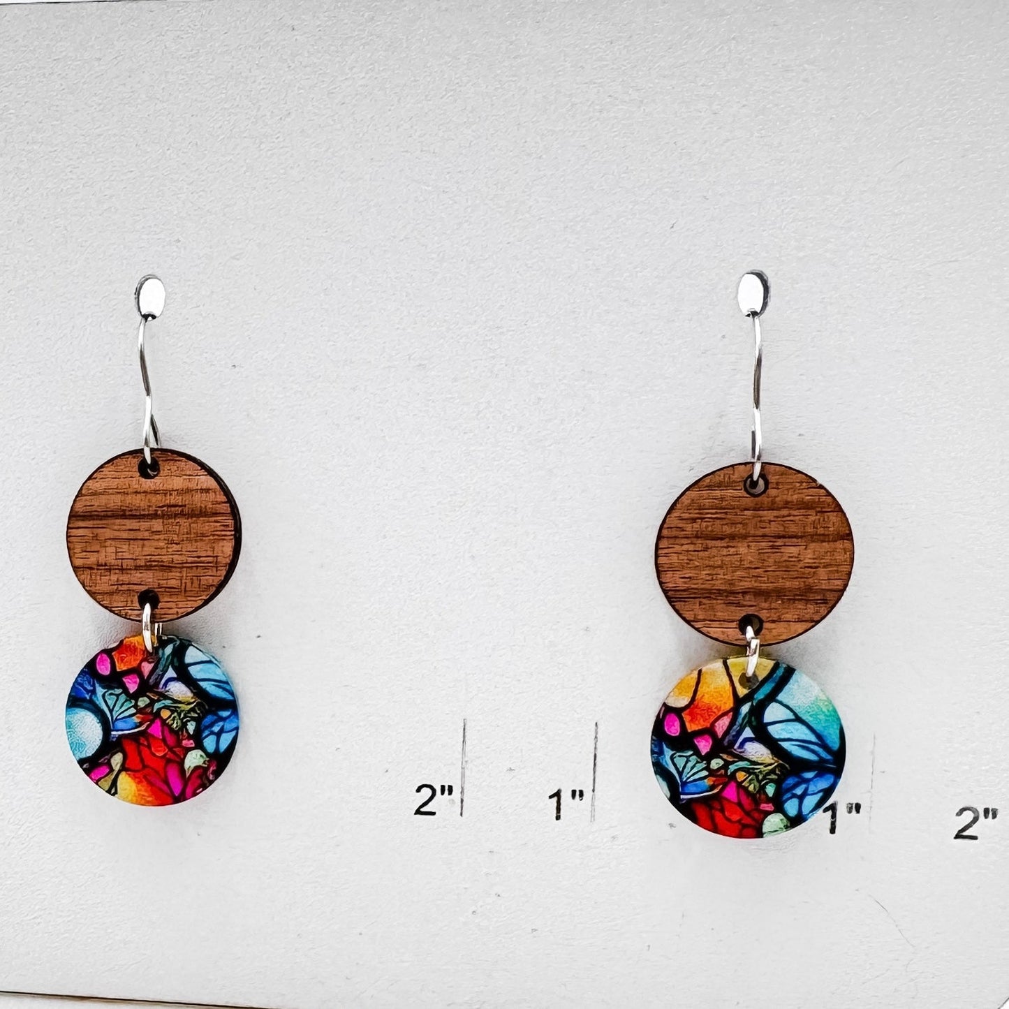 Colorful Stained Glass Dangle Earrings – Lightweight Wood + Acrylic Statement Jewelry in Hoop or Circle Drop Style - Embellish My Heart