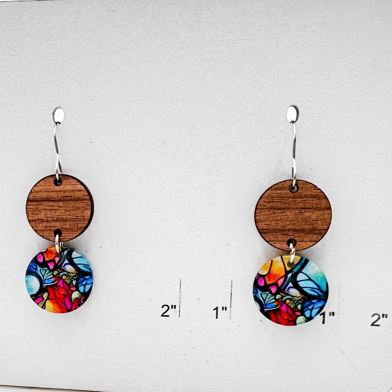 Colorful Stained Glass Dangle Earrings – Lightweight Wood + Acrylic Statement Jewelry in Hoop or Circle Drop Style - Embellish My Heart