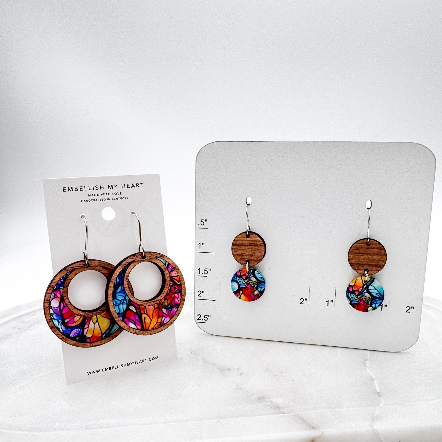 Colorful Stained Glass Dangle Earrings – Lightweight Wood + Acrylic Statement Jewelry in Hoop or Circle Drop Style - Embellish My Heart