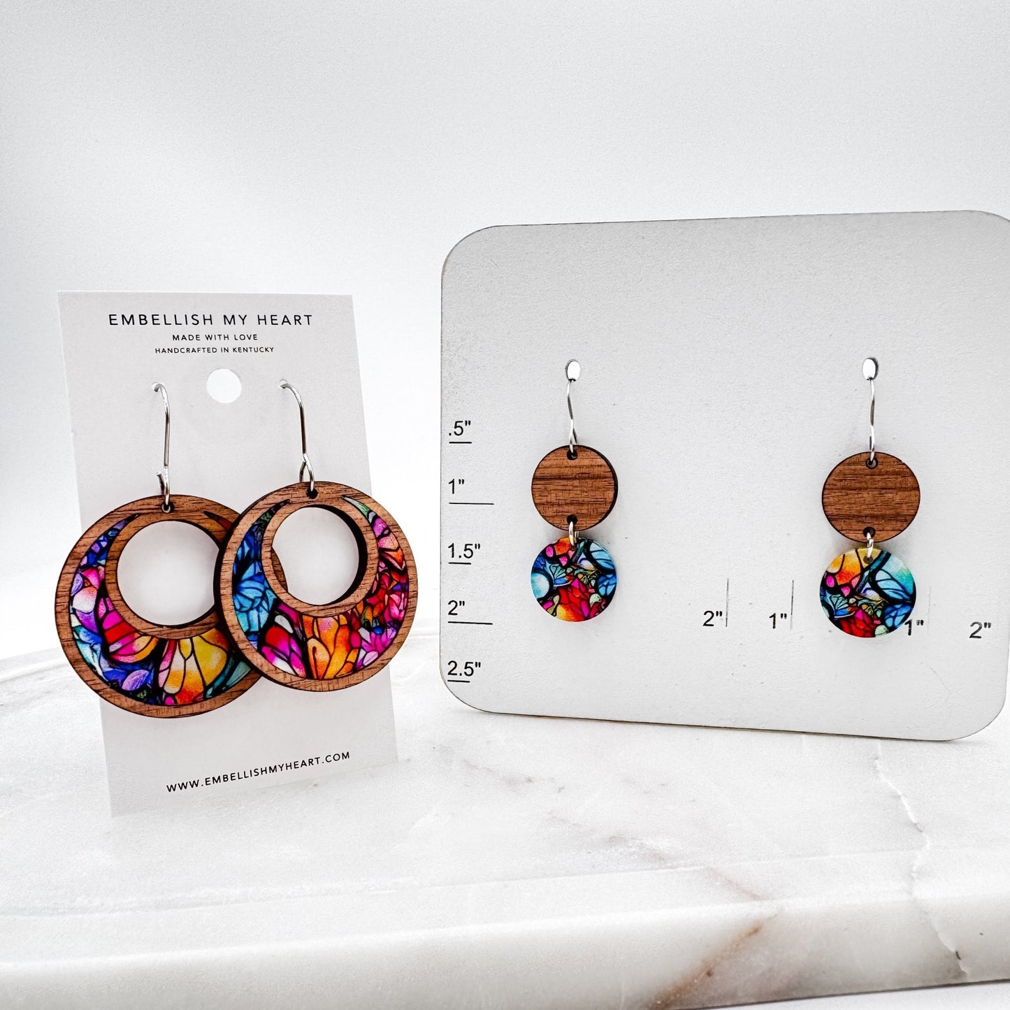 Colorful Stained Glass Dangle Earrings – Lightweight Wood + Acrylic Statement Jewelry in Hoop or Circle Drop Style - Embellish My Heart