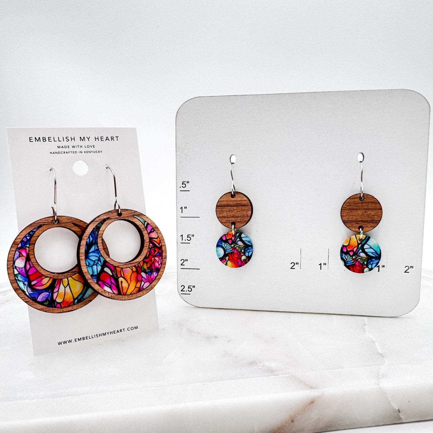 Colorful Stained Glass Dangle Earrings – Lightweight Wood + Acrylic Statement Jewelry in Hoop or Circle Drop Style - Embellish My Heart