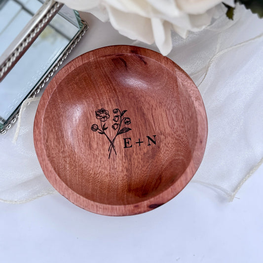 Custom Engraved Ring Dish with Your Birth Flowers – Personalized Wooden Keepsake - Embellish My Heart