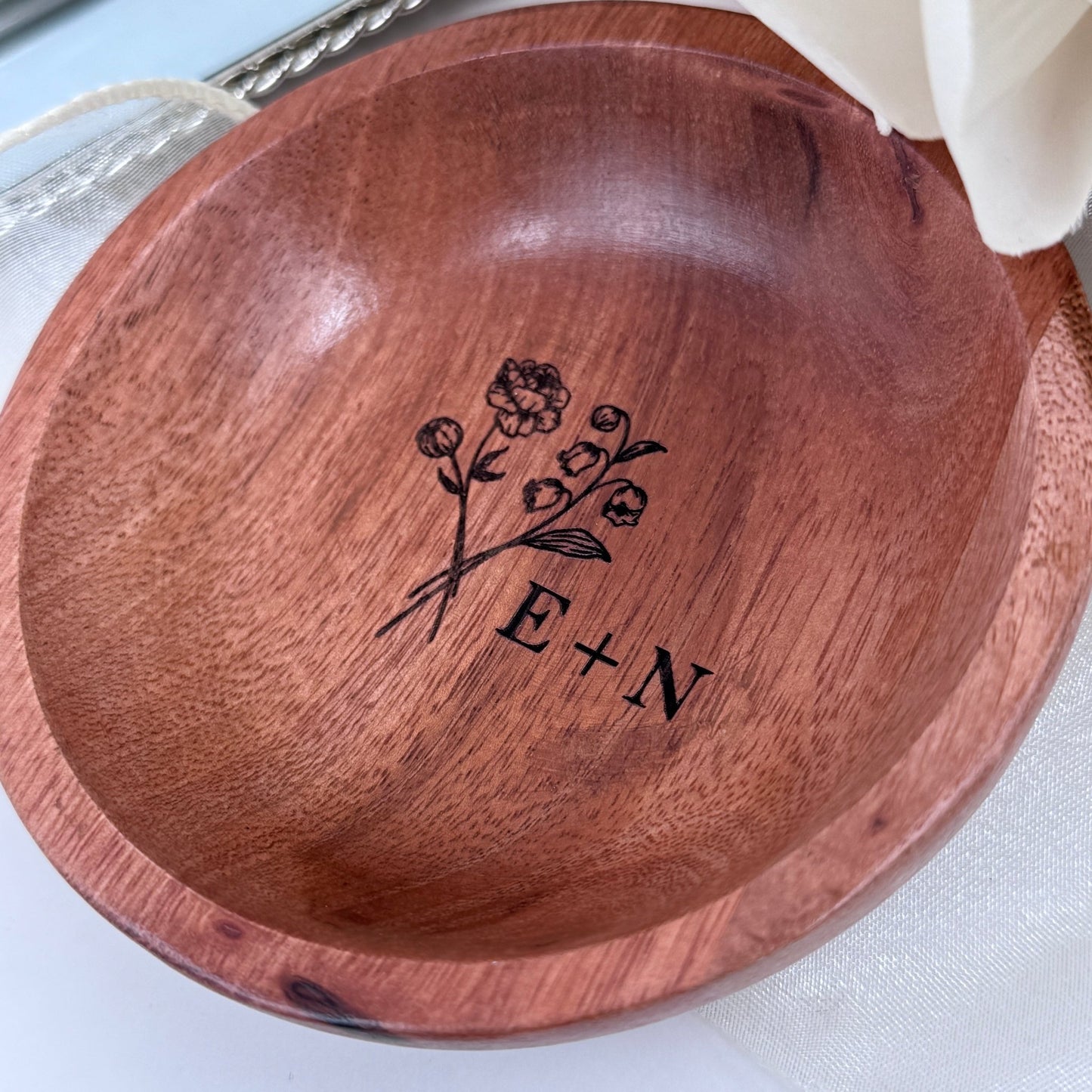 Custom Engraved Ring Dish with Your Birth Flowers – Personalized Wooden Keepsake - Embellish My Heart