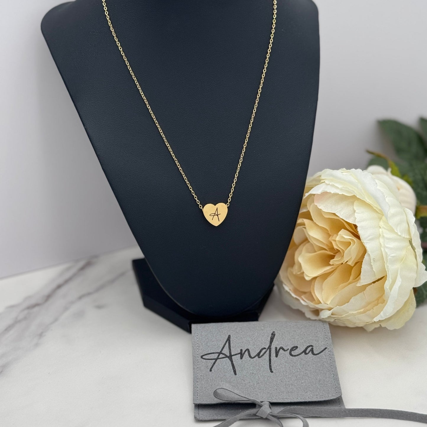 Engraved Heart Initial Necklace – Custom 18” Stainless Steel Chain in Gold, Silver, or Rose Gold - Embellish My Heart