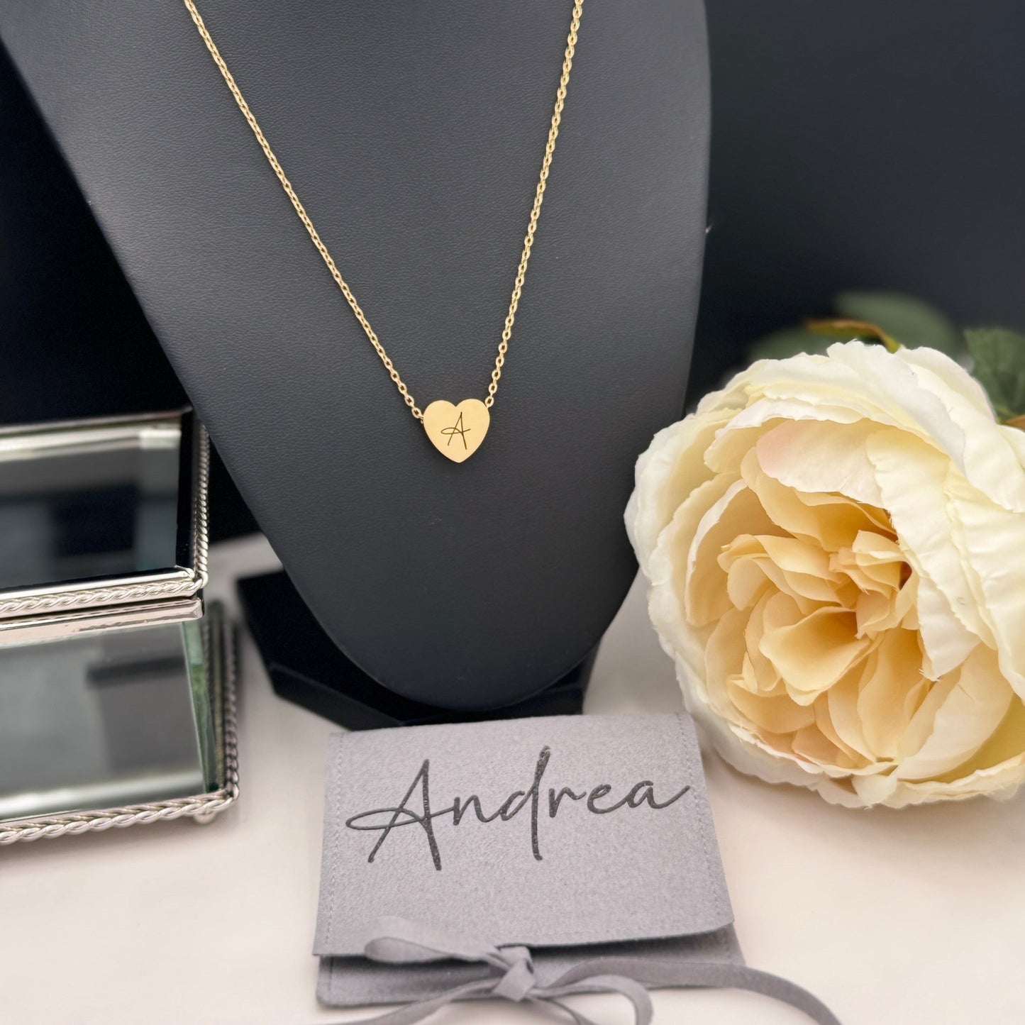 Engraved Heart Initial Necklace – Custom 18” Stainless Steel Chain in Gold, Silver, or Rose Gold - Embellish My Heart