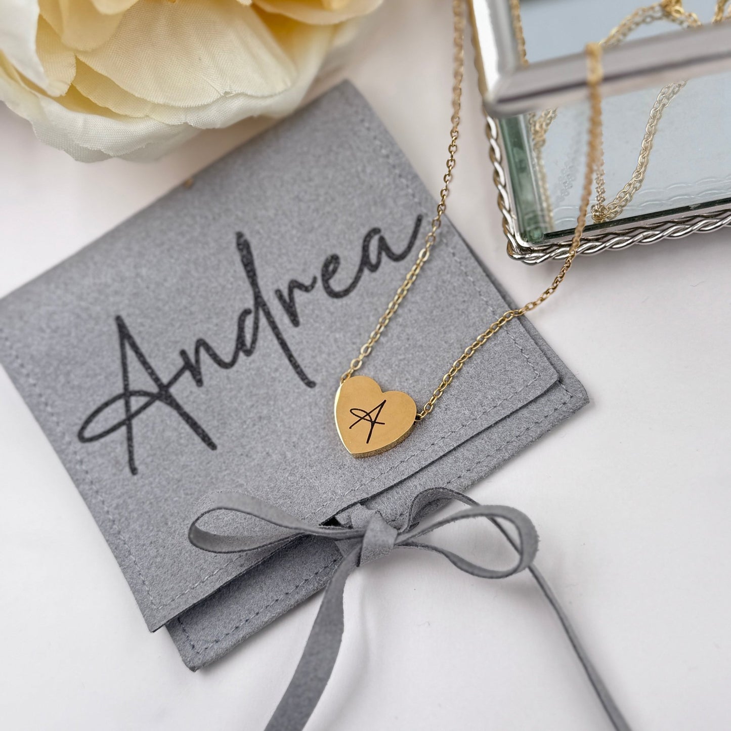 Engraved Heart Initial Necklace – Custom 18” Stainless Steel Chain in Gold, Silver, or Rose Gold - Embellish My Heart