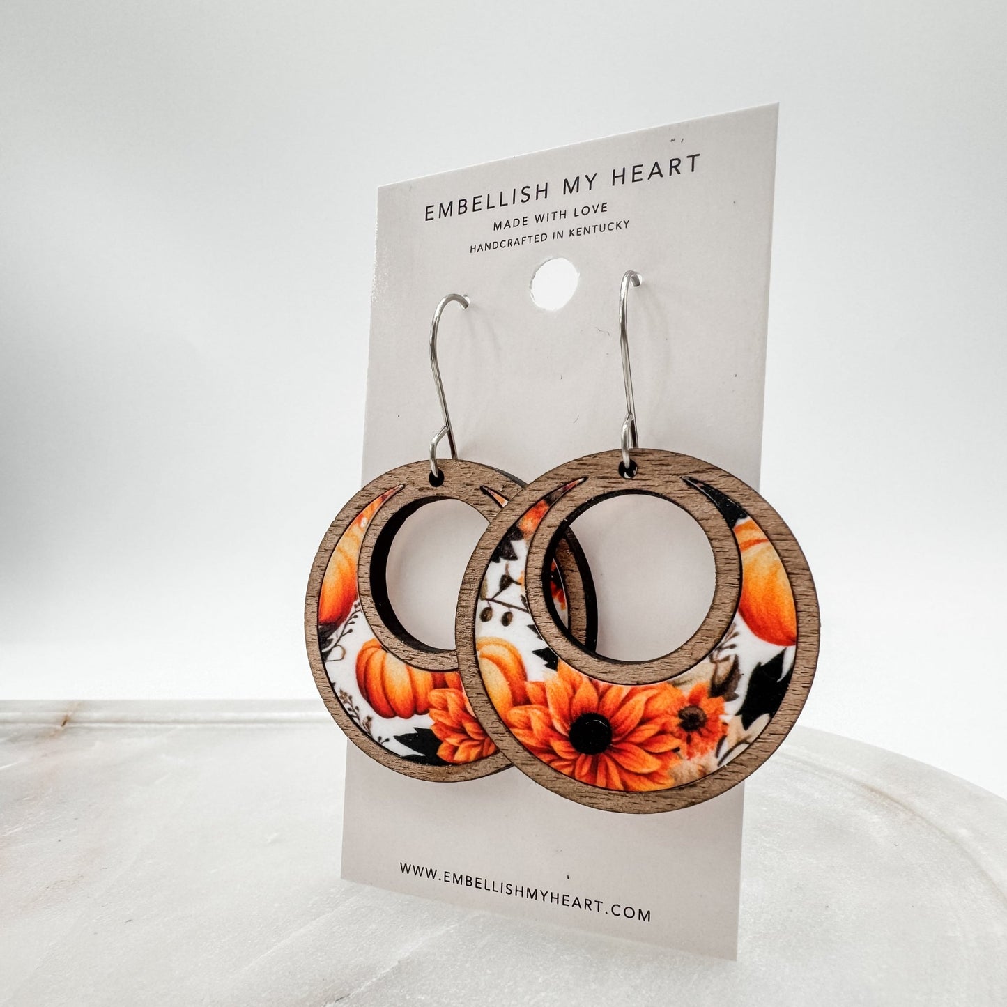 Fall Pumpkin & Sunflower Hoop Earrings – Lightweight Wooden Crescent Earrings - Embellish My Heart