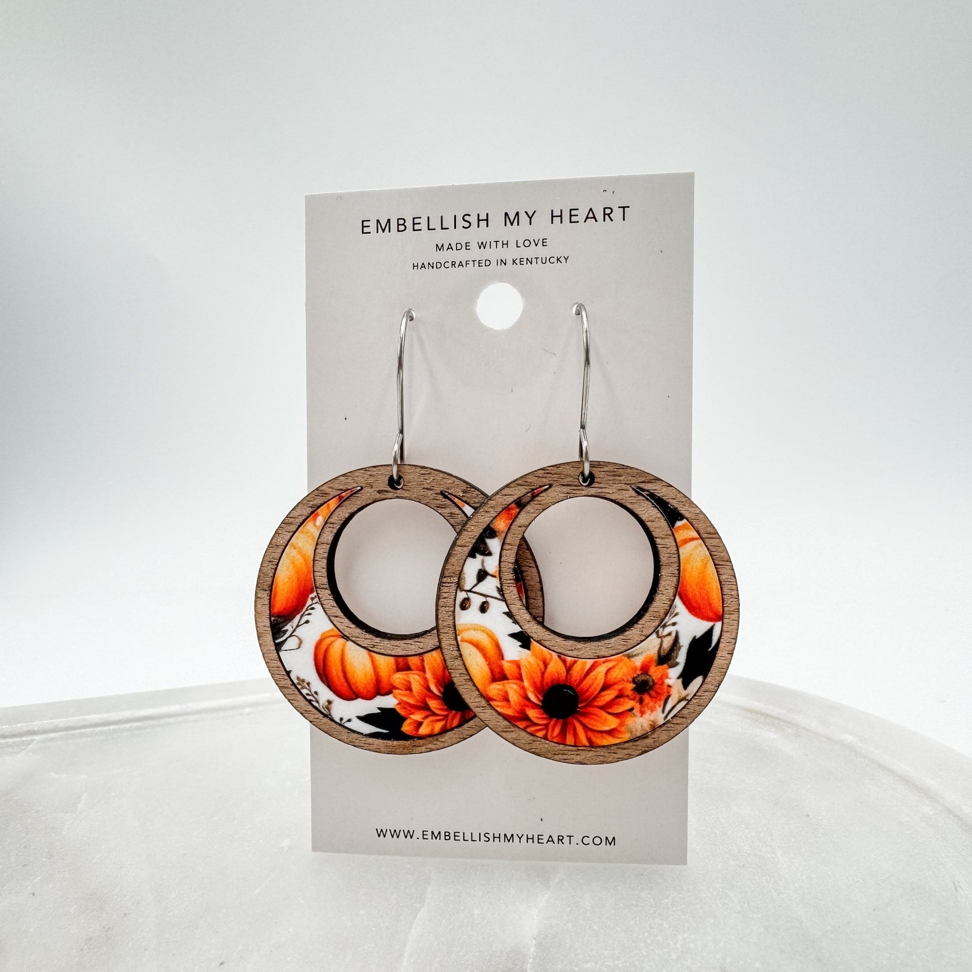Fall Pumpkin & Sunflower Hoop Earrings – Lightweight Wooden Crescent Earrings - Embellish My Heart