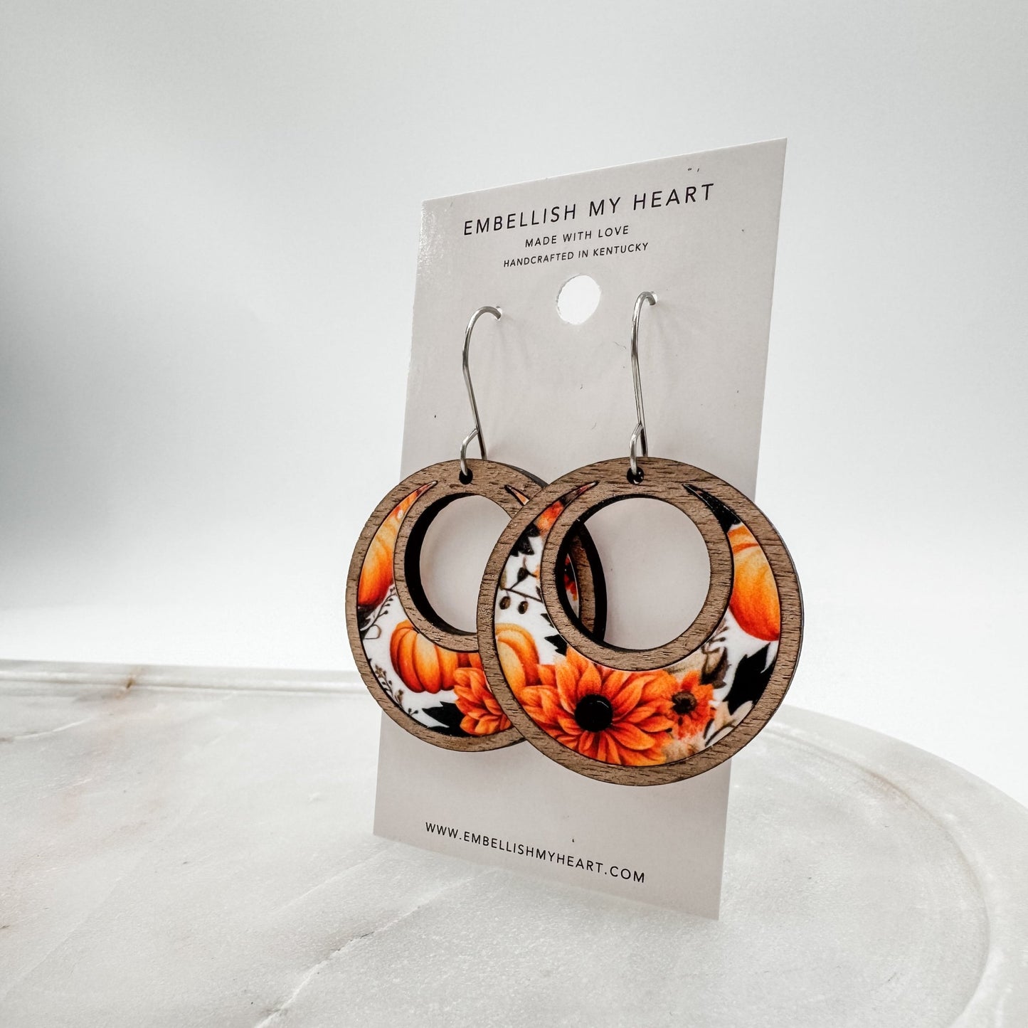 Fall Pumpkin & Sunflower Hoop Earrings – Lightweight Wooden Crescent Earrings - Embellish My Heart