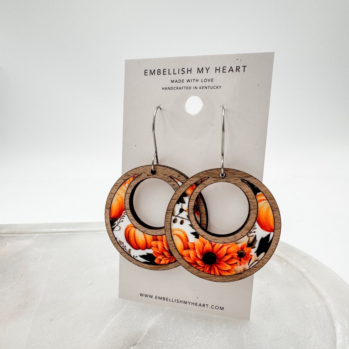 Fall Pumpkin & Sunflower Hoop Earrings – Lightweight Wooden Crescent Earrings - Embellish My Heart