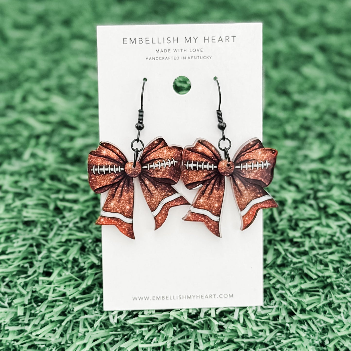 Faux Glitter Football Bow Earrings | Hypoallergenic | Game Day Ready| Football Earrings - Embellish My Heart